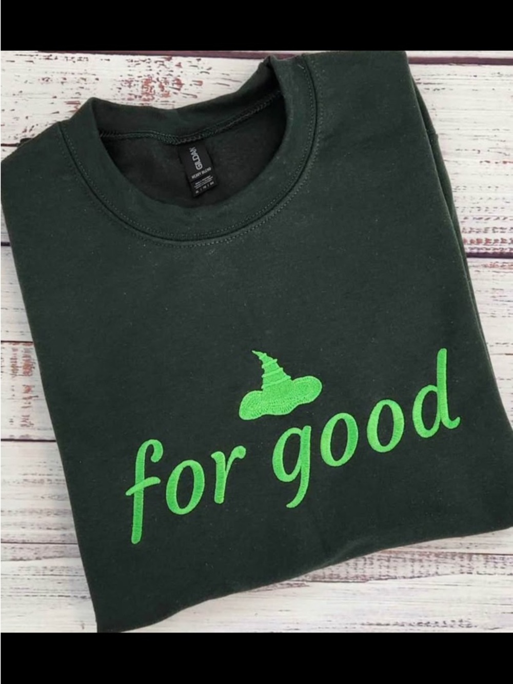 Gildan Dark Green Crewneck Sweatshirt with Bright Green "for good" Graphic
